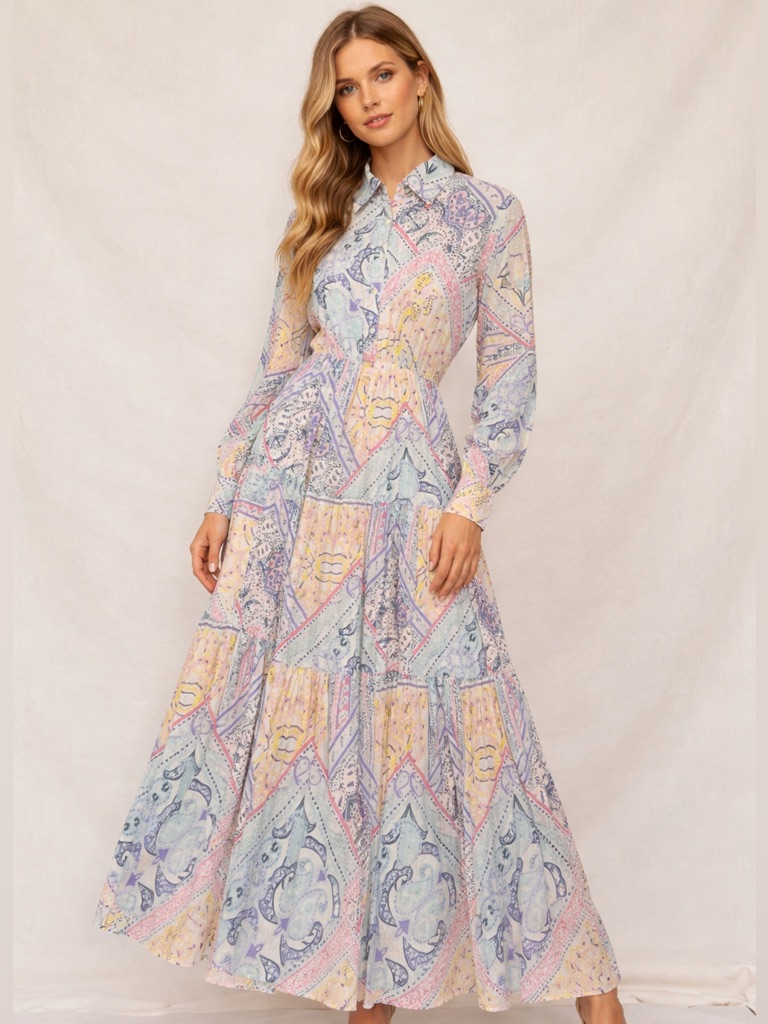 Taj By Sabrina Crippa Xs Paisley Long Sleeve Tiered Maxi Dress Orig $485